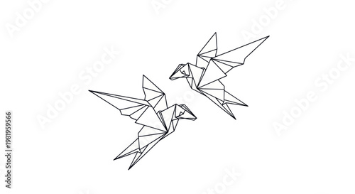 Minimalist geometric line art of two origami birds flying on a white background.