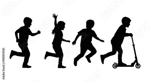 Silhouettes of children running, jumping, and riding a scooter on a white background