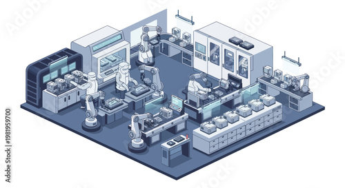 Modern factory with robotic arms and automated assembly lines.