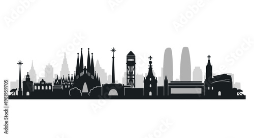 Black silhouette skyline of Barcelona's famous landmarks.