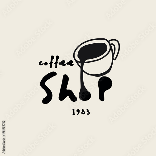 Creative coffee shop 1983 logo with abstract pouring mug and organic hand drawn lettering.