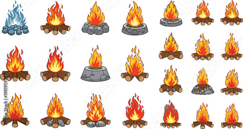 Campfire and Flame Illustration Set with Various Fire and Fuel Types for Outdoor, Adventure, and Nature Design