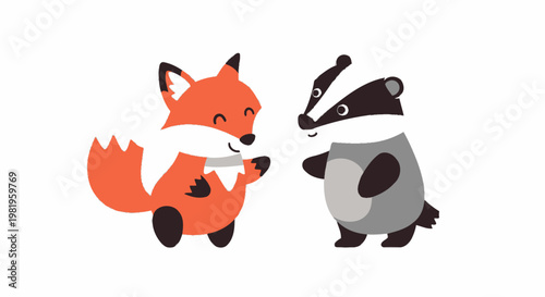 Cute cartoon fox and badger best friends waving