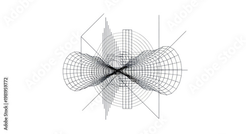 Abstract geometric wireframe structure with curves and lines on white background