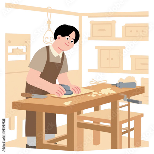 Professional Carpenter Working in Woodworking Workshop Illustration