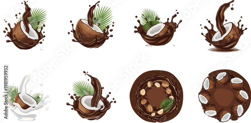 Coconut and Chocolate Illustration Set with Splash and Whole Variations for Food, Dessert, and Beverage Designs