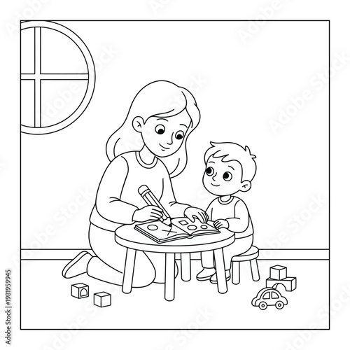 Mother teaching child at small table with book learning activity outline illustration coloring page for kids