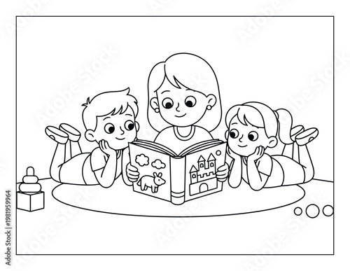 Mother reading storybook with children at home learning scene outline illustration coloring page for kids