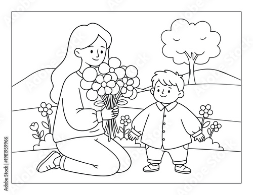 Mother receiving flowers from child in garden scene outline illustration coloring page for kids