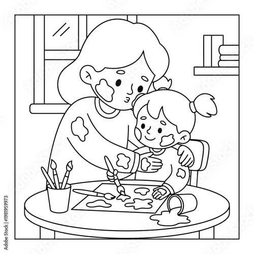 Mother and child painting together at table in home art scene outline illustration coloring page for kids