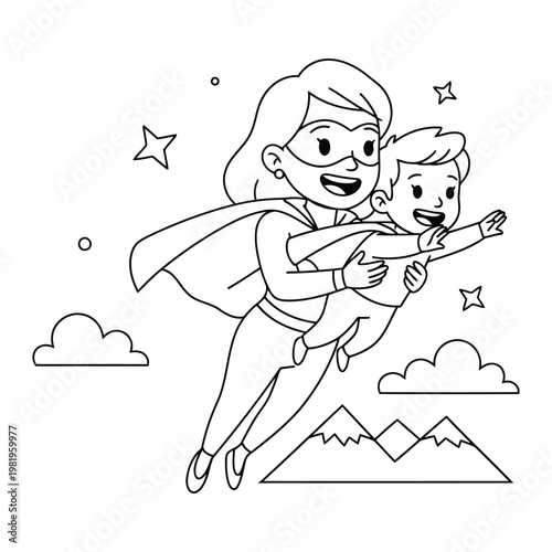 Superhero mother flying with child in sky adventure scene outline illustration coloring page for kids