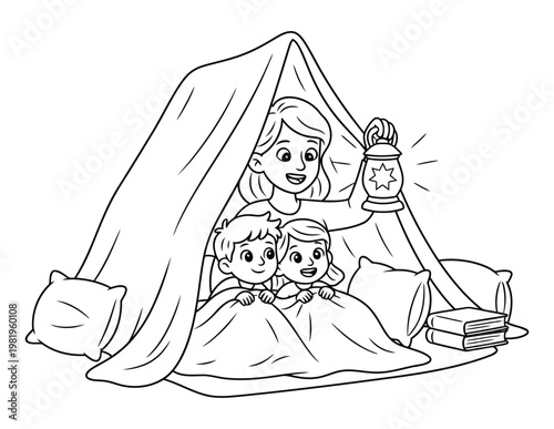 Camping tent bedtime story with mother and children cute cartoon outline for kids coloring page