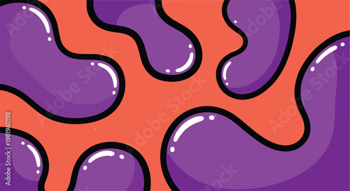 Vibrant purple shapes float on a salmon-colored background with black outlines.