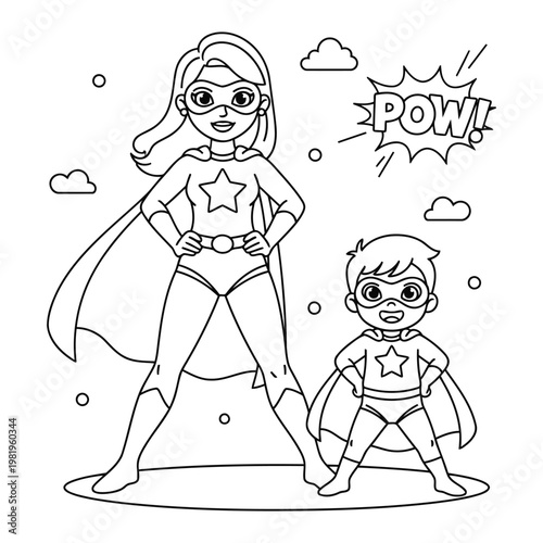 Superhero mother and child standing together in heroic pose fun family coloring page illustration