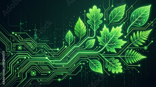 Green eco technology background with leaves and digital circuit board, sustainable innovation concept for clean energy and environmental solutions