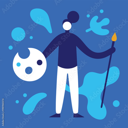 Artist holding a paint palette and torch with blue background painting