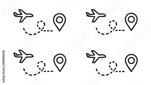 Four airplanes with location pins and dotted flight paths