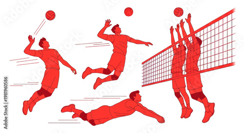 Volleyball Players in Action: Spiking, Diving, and Blocking - Red Silhouette Illustration
