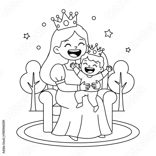 Princess sitting on a royal throne while holding her happy baby prince for a kids fantasy coloring page