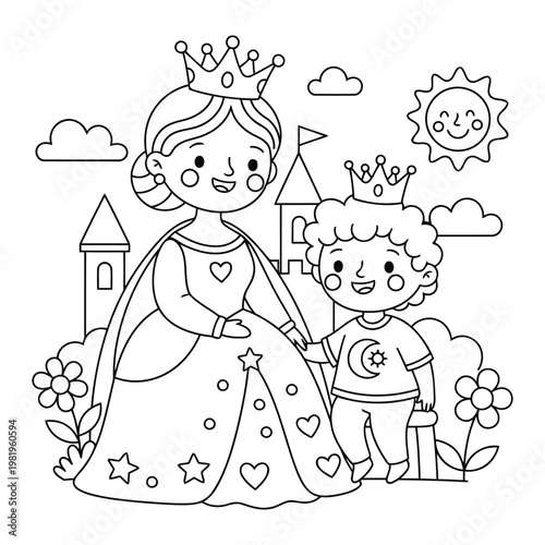 Princess walking with her little prince in front of a magical castle garden kids fantasy coloring page