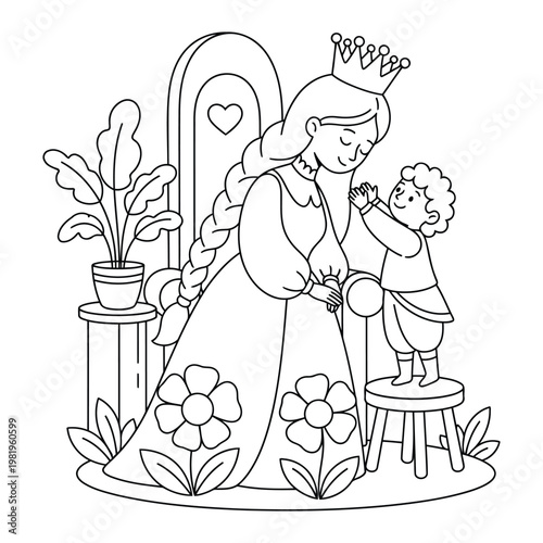 Princess sitting on her royal throne while a small prince stands on a stool for this kids fantasy coloring page