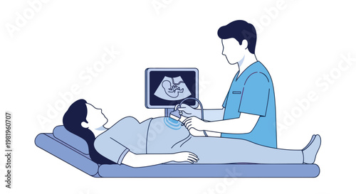 Doctor performs ultrasound on pregnant woman, showing baby on screen