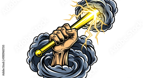 Hand Gripping Lightning Bolt Emerging from Storm Clouds