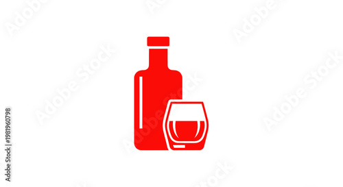 Red Icon of Alcohol Bottle and Whiskey Glass on White Background, Minimalist Design