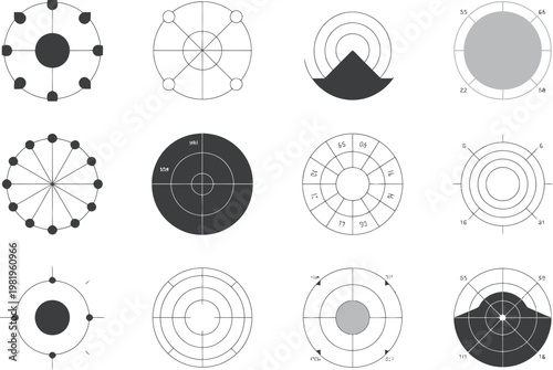 Set of circular data visualization elements and technical infographics featuring various geometric nodes and radial lines