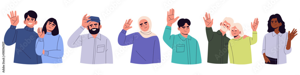 Fototapeta premium Flat vector set of diverse people waving hands in greeting, showing friendly communication and social interaction. Ideal for concepts of hello, introduction, teamwork, community, everyday interaction