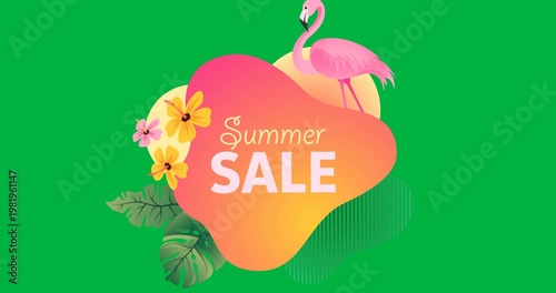 On reveal Summer SALE badge rising, flamingo perching, descending, promoting sale on transparent bg