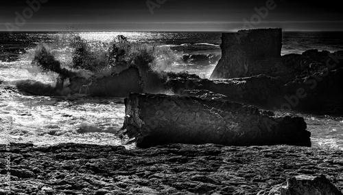 Powerful Ocean Waves Crashing on Rocky Coast Black and White