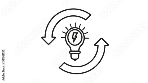 Renewable Energy Vector Icon: Black Line Illustration of a Light Bulb with Lightning Bolt Symbol Encircled by Rotating Arrows, Representing Sustainable Power, Efficiency, and Innovation Cycle