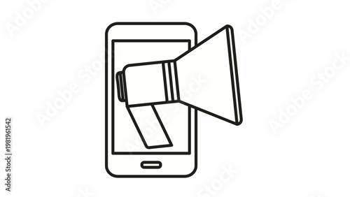 Mobile marketing vector icon: a black line art illustration of a smartphone with a megaphone emerging from the screen, symbolizing digital advertising, social media promotion, and alerts.