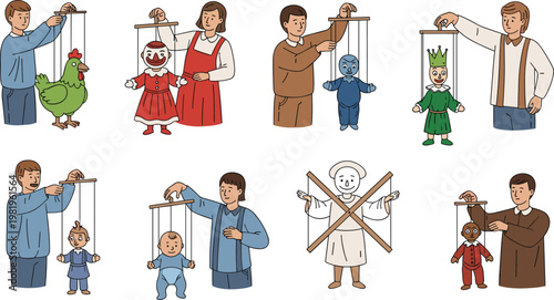 Puppet Show Illustration Set with Puppeteers, Puppets, and Marionettes for Entertainment, Theater, and Art Designs