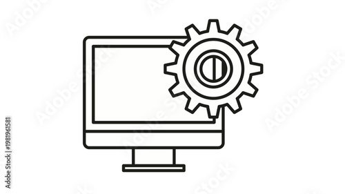 Black line vector icon of a desktop computer monitor with a cogwheel gear, symbolizing system configuration, technical support, software engineering, digital automation, and IT maintenance.