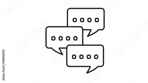 Black line art vector icon of three speech bubbles with dots, representing a group chat or messaging interface. Minimalist symbol for communication, social media, feedback, and scalable app design.