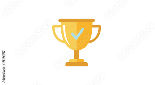 Golden trophy cup with check mark symbol on white background isolated