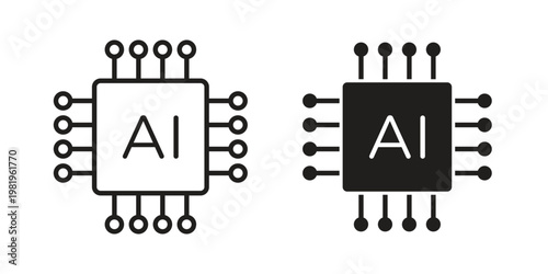 AI chip icon editable vector pack. Black flat and line symbols