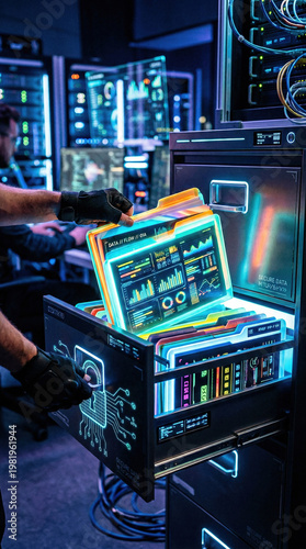 Futuristic data center with glowing storage units in action during a tech operation at night