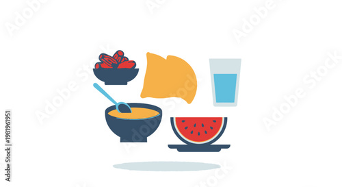 Healthy meal illustration featuring fruit cereal and refreshing beverages