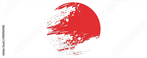 Japanese flag symbol of rising sun. Red circle in grunge style on white background.