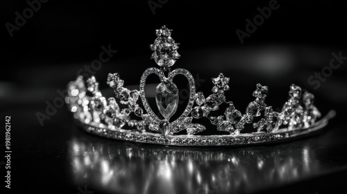 Sparkling jeweled diadem on a polished surface, illuminated, elegant, monochrome