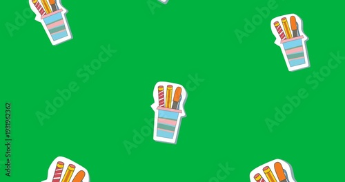 Digital animation of multiple pen holder icons falling against black background