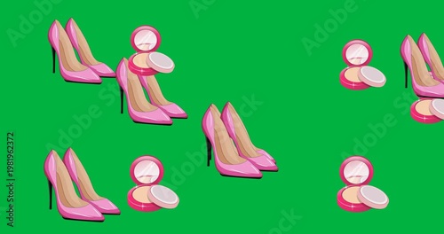Digital animation of multiple female shoes and foundation icons floating against black background