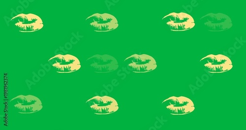 Digital animation of multiple yellow lips icons against black background