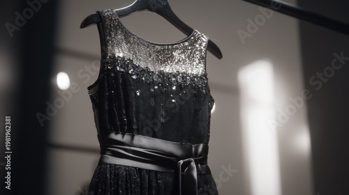Formal dress on a hanger with sparkly top, black skirt, and satin sash