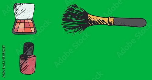 Digital animation of multiple makeup equipment icons against black background