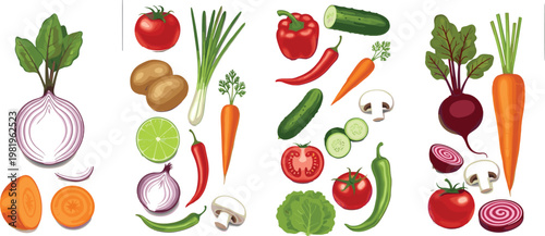 Vegetable Collection Set with Carrots, Tomatoes, Onions, and More for Healthy Food, Nutrition, and Organic Designs