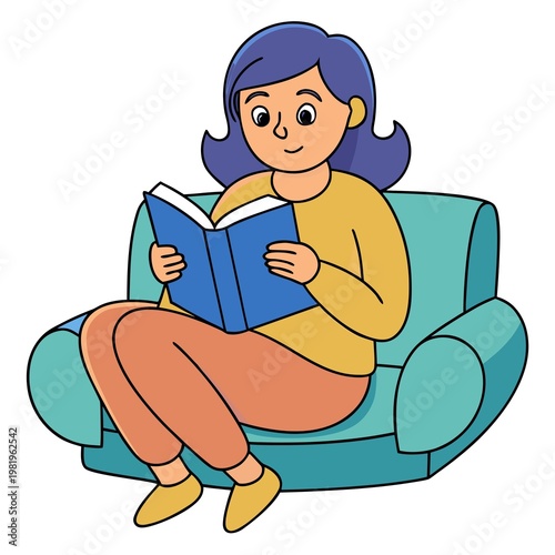 Woman reading book on sofa illustration